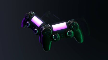 Console gamepads concept 3d illustration. Neon violet and green colored game controllers. Gaming...