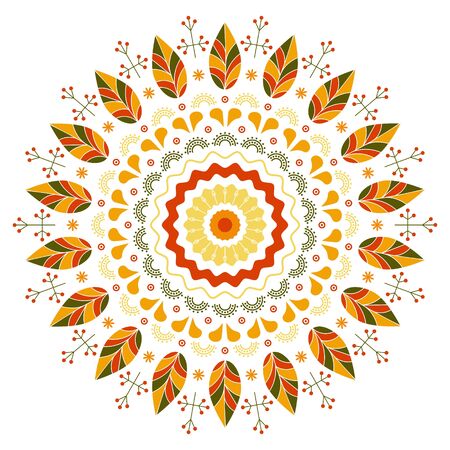 Autumn native flower pretty mandala with leaves, dots, lines. Color folk illustrationのイラスト素材