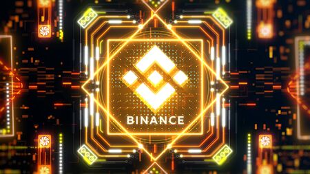 Binance cryptocurrency exchange platform sign. Trading on blockchain technologyの写真素材