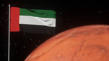 United Arab Emirates flag in mars orbit. Emirates Mars Mission concept.の写真素材