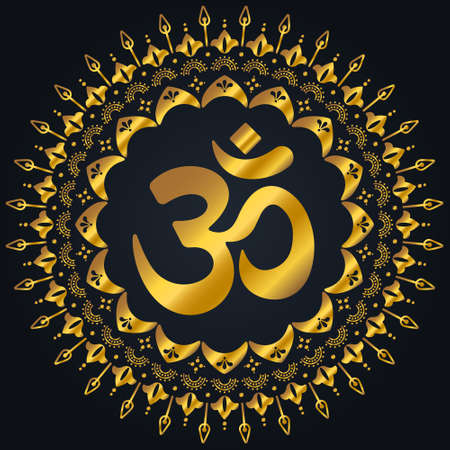 OM golden mandala. Decorative ornament in oriental style with ancient Hindu mantra on black...