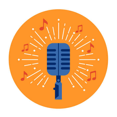 Retro jazz microphone on orange background. Vector badge iconのイラスト素材