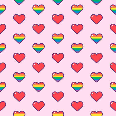 Cute rainbow hearts seamless pattern. LGBT pride flag heart on pink background.