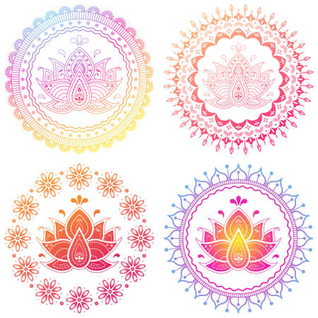 Set of colorful ornamental mandala with lotus illustration. Gradient folkのイラスト素材
