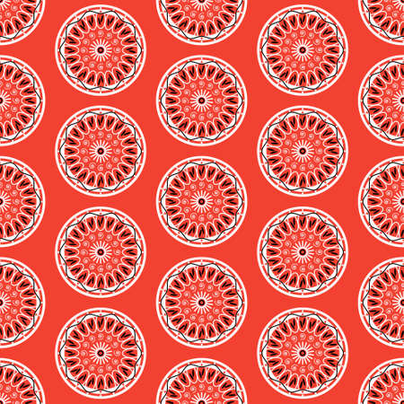 African flower seamless pattern. Abstract floral shapes on red background.