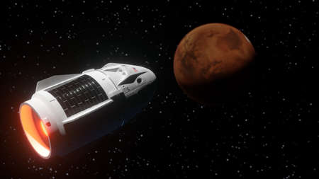 Spacecraft flies to the Mars planet. USA cargo spaceship launch 3d illustration. Space exploration...