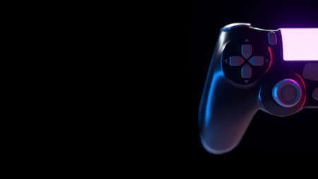 Neon console gamepad on black background. 3d illustration of gaming controller.
