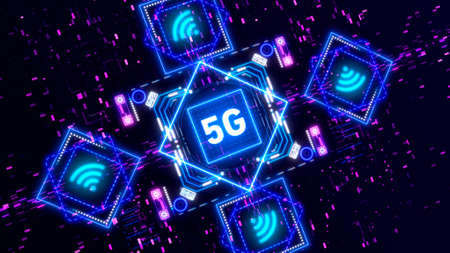Fast 5g mobile network symbol on neon futuristic background. Modern internet technology signの写真素材