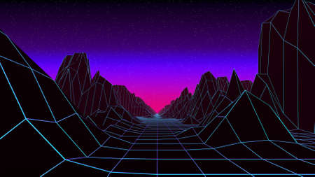 Retro style low poly landscape. Retrowave 3d illustration of sunrise or sunset. Neon 80s backgroundの写真素材