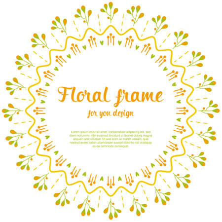 Nature style radial floral frame banner with place for text. Summer and spring festival wreath. Folk and boho circle illustration perfect for print, design, textile. Yellow and green colorsのイラスト素材