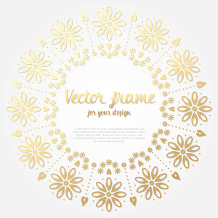 Beautiful circle shaped wreath frame with golden gradient. Greeting card template with place for text. Gold vector flowers on white backgroundのイラスト素材