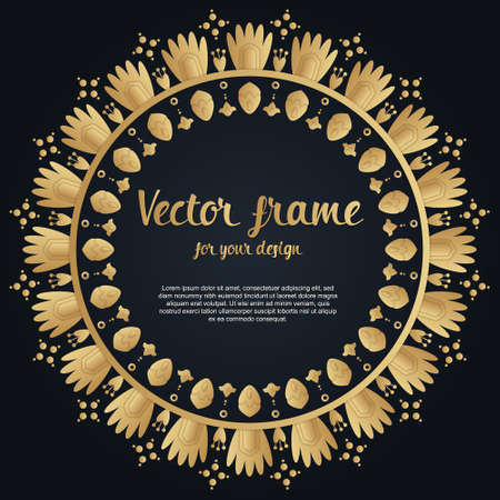 Beautiful golden flower round frame with place for text. Festival boho and folk style vector illustration. Gold ornament on black backgroundのイラスト素材