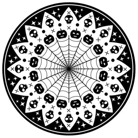 Halloween round mandala card with skulls and pumpkins.のイラスト素材