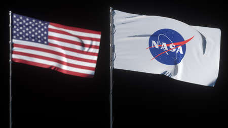 New york, USA - October 25, 2020: Nasa and USA flags on moon surface. Moon exploration mission. 3d illustration for scienceのeditorial素材