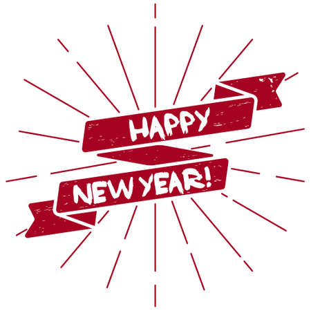 Happy new year greeting red ribbon with lines on background. Christmas celebration grunge vector illustrationのイラスト素材