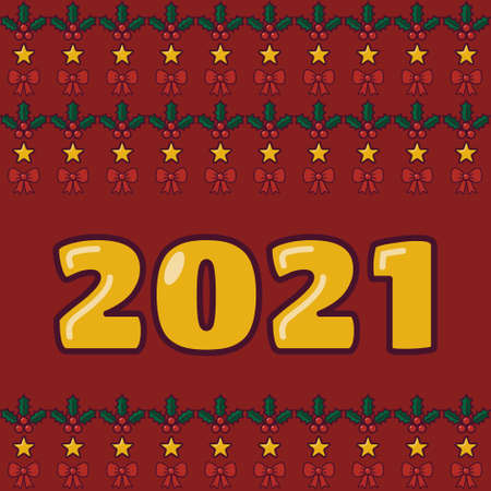 2020 new year greeting on ugly sweater background. Holly, stars, bows on red colorのイラスト素材