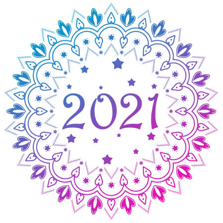 Christmas and new year decoration mandala ornament with number 2021. Snowflake abstract vector ornamentのイラスト素材