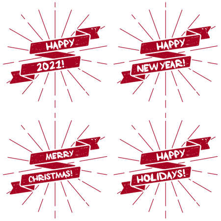 Set of Christmas and new year greeting ribbons. Red bows with lines isolated on whiteのイラスト素材