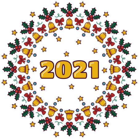 Happy new year greeting wreath illustration. Poinsettia and mistletoe flowers illustrationのイラスト素材