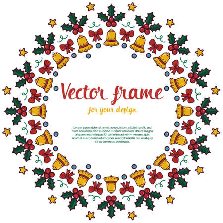 Holiday decoration wreath with bells, ribbons, mistletoe. Christmas round mandala frameのイラスト素材
