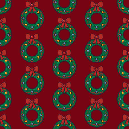 Christmas wreath seamless pattern. Festive wreath with ribbon on red background.