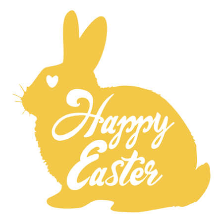 Easter rabbit isolated on white background. Happy easter lettering. Holiday sticker template. Vector illustration of yellow bunnyのイラスト素材