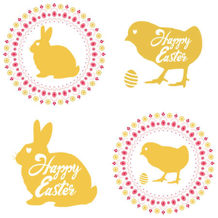 Set of happy easter icons or stickers. Vector chicken and bunny illustration.のイラスト素材