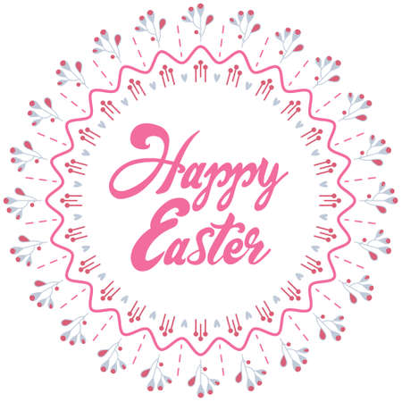 Greeting Card with Text Happy Easter. Mandala with Branches, pink leaves. Vector Illustration.のイラスト素材