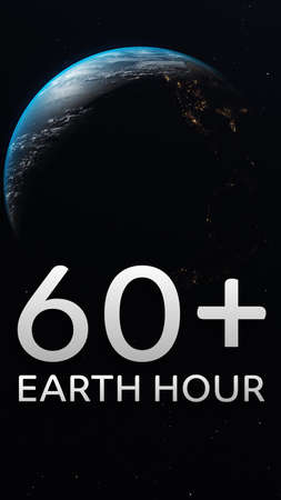 Earth hour ecological movement against climate change symbol. World globe 3d illustration of planet earth. Vertical format pictureの写真素材
