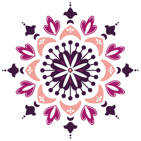 Pretty flower mandala ornament. Floral vector illustration print template. Pink and purple colorsのイラスト素材