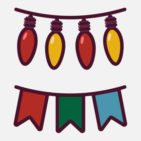 Festive garland with lights and flags. Christmas decoration flat illustration isolatedのイラスト素材