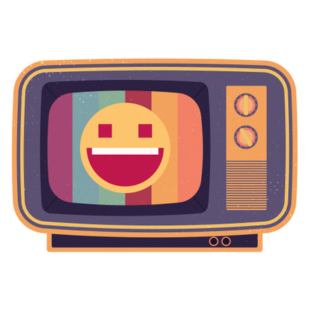 Retro tv set with smile emoji on screen. Vector illustration of cartoon character with happy expression. Isolated on whiteのイラスト素材