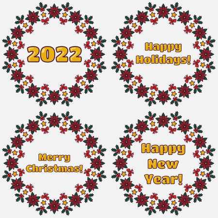 Set of Christmas and new year holiday wreaths. Colorful holiday decoration with greeting text. Vector illustration for printのイラスト素材