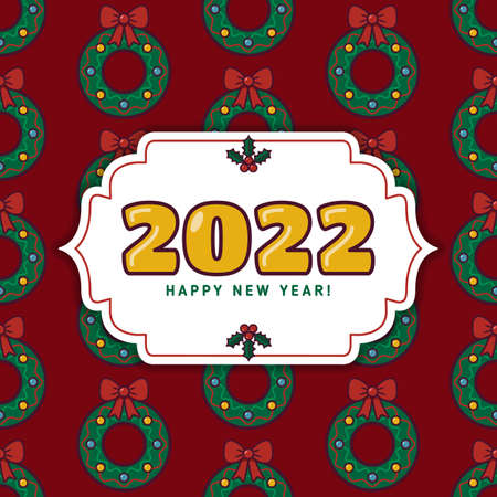 Christmas greeting card background with 2022 year date. Holly, stars and bows. Stock vector illustrationのイラスト素材
