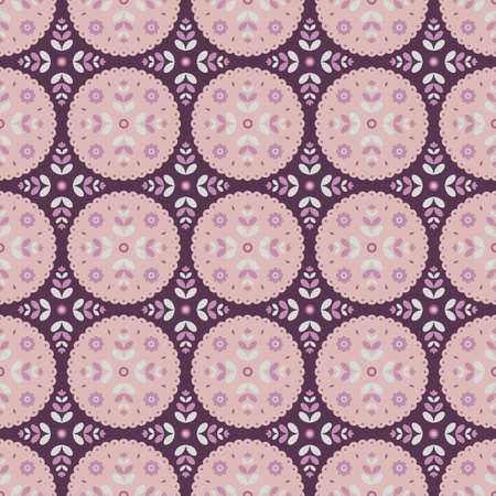 Folk floral ornament. Seamless pattern with abstract flowers on pink background.