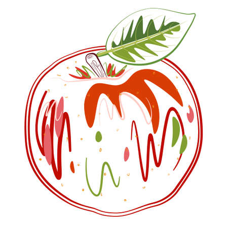 Hand drawn Apple line art Illustration. Trendy red apple with green leaf. Minimalistic art. Wellness and healthy food themeのイラスト素材