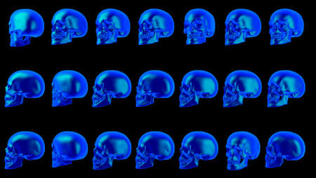 Scary halloween background with glowing skulls. 3d illustration.