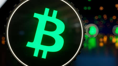 Bitcoin cryptocurrency sign 3d illustration. Financial and business on blockchain technology theme.の写真素材