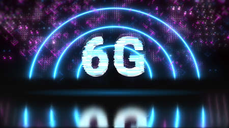 6G fast network and internet concept symbol. Tech style background with neon lightsの写真素材