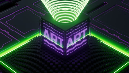 Non fungible token Crypto art concept 3d illustration. Blockchain stock market theme backgroundの写真素材