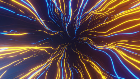 Glowing neon strands of neurons. Artificial intelligence and machine learning concept 3d...