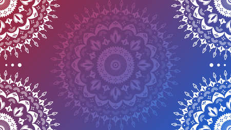Floral mandala ornament background with place for text. Ruby red to dark blue gradient vector illustration. Backdrop for poster, banner or card.のイラスト素材