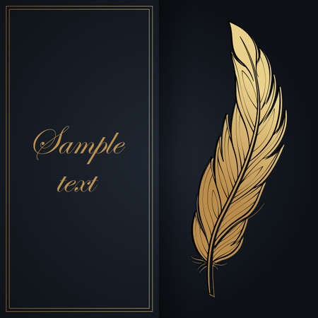 Gold Feather on black background square banner template. Design Element for Greeting Cards and Wedding. Suitable for social media post and web internet adsのイラスト素材