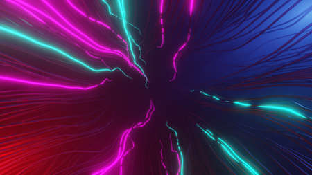 Red and blue neon lightning gaming style background. 3d illustration of dark futuristic background