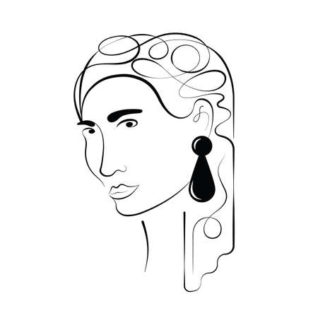 Abstract fashion womens portrait. Continuous line drawing of female face and hairstyle, minimalism, woman beauty, vector illustration for t-shirt design, print graphics style.のイラスト素材