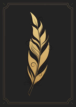 Golden Feather on dark background. Poster with feather silhouette.のイラスト素材