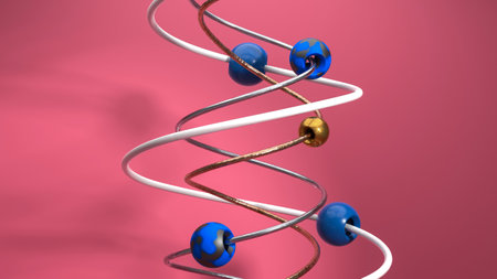 Abstract scientific 3d illustration: atoms and particles move along helixの写真素材