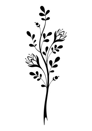 Black and white sprig silhouette. drawing of a plant. Vector illustrationのイラスト素材