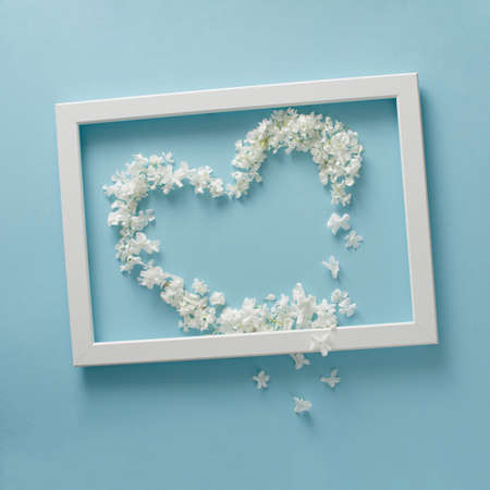 Heart frame made of fresh white flowers on light blue backgroung. Decomposition and copy space.の写真素材