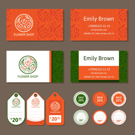 Corporate identity for a flower shop. Logo, business card and price tag. Vector illustration in modern styleのイラスト素材